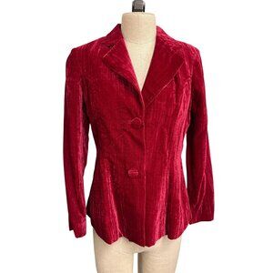 Vintage Red Velvet Fitted Blazer Jacket With Button Accents and Notched Lapel Fu
